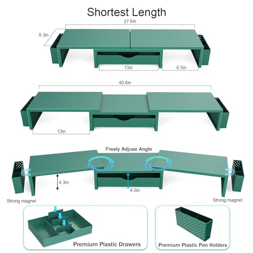 gianotter Dual Monitor Stand Riser, Desk Organizer With Drawer and 2 Pen Holders, Monitor Stand for Desk, Office Decor Essentials (Green) - color: Green