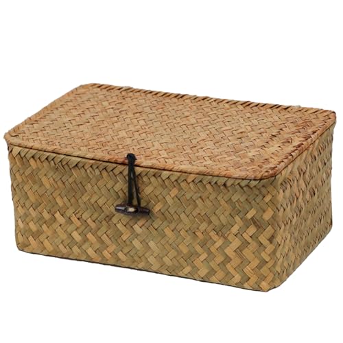 Wicker Basket with Lid, Natural Seagrass Storage Baskets for Organizing, Woven Basket for Storage, Decorative Boxes Bins with Lids Home Organizer Decor (‎Natural, Small) - size: 10.23" x 6.3" x 4.13"