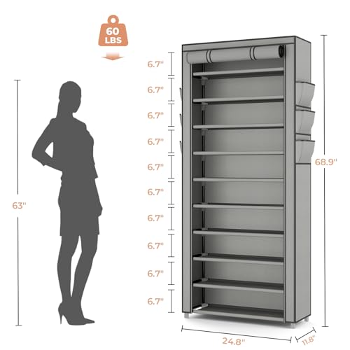 VTRIN Vertical Narrow Shoe Rack Organizer Tall Shoe Rack for Closet Entryway 10 Tier Non-Woven Cover Shoe Shelf Holds 36-41 Pairs Free Standing Shoe Storage Cabinet with Dustproof Cover, Grey - color: Grey, size: 24.8"W x11.8"D x 68.9"H