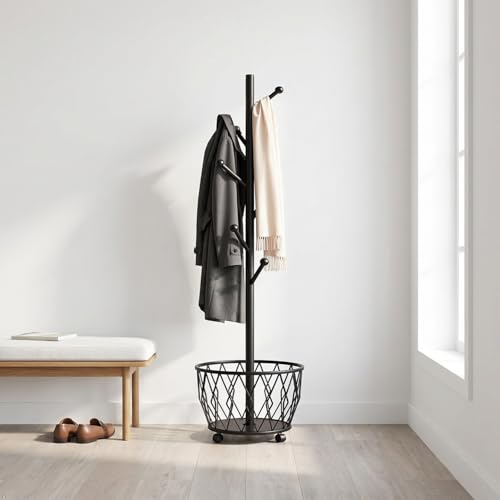 Freestanding Metal Coat Rack Stand with Basket Modern Organizer for Scarf Jacket Hat Bags Ideal for Home Entryway Bedroom Corner Stable and Moveable tree (black) - color: black