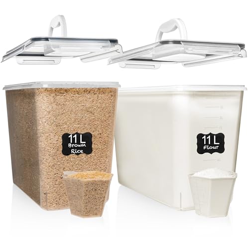 Shazo 2 PC (11L | 372 oz) Flour Sugar Storage Containers with Easy Carry Handle - Plastic Extra Large Food Storage Containers with Lids for Rice Cereal, BPA Free & Airtight Kitchen Pantry Organization - color: Black