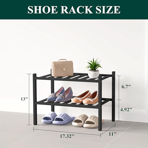 Smiry Bamboo Shoe Rack for Closet, 2 Tier Small Wooden Stackable Shoe Organizer, Free Standing Shoes Storage Shelf for Entryway, Front Door Entrance, Black - color: Black, size: 2 Tier - Small