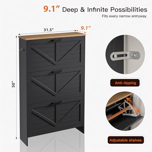 Nicetree Barn Door Shoe Cabinet for Entryway - Modern Farmhouse Shoe Storage Cabinet with 3 Flip Drawers - Slim Hidden Shoe Organizer, 3-Position Adjustable Divider, Fits Size 13, Brushed Black - color: Brushed Black Color, style: 3 Flip Drawer - Modern B