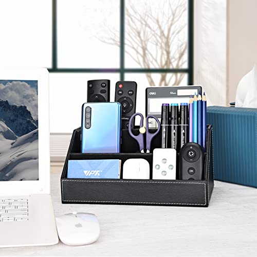 KINGFOM Pu Leather Desk Organizer with 5 Compartments Holder, Multi-Functional Office Supplies Storage Caddy for Pen/Pencil, Phones, Remote Controller and Desktop Accessorie Black - color: Black
