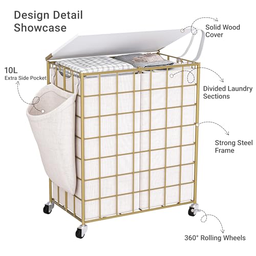 Laundry Basket with Wheels, Heavy Duty Laundry Sorter 2 Sections, 120L (32Gal.) Large Capacity Laundry Hamper with Wood Lid, 360 Rolling Wheels, Extra Side Pocket, Leather Pull Handle, Golden - color: Golden, size: 120L