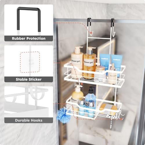 Consumest Over Door Shower Caddy - 2 Tier Shower Shelves Hanging with Soap Holders, Large Capacity Shower Organizer with 4 Hooks, Bathroom Rack and Storage, White - color: White, size: 2 Tier