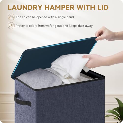 SOLEDI Slim Laundry Hamper with Lid, Narrow Laundry Basket with Removable Bags, Dirty Clothes Hamper with handle, Small Hamper perfect for Laundry room, Bathroom, Bedroom, Small spaces. 70L Navy Blue - color: Navy Blue, size: 70L
