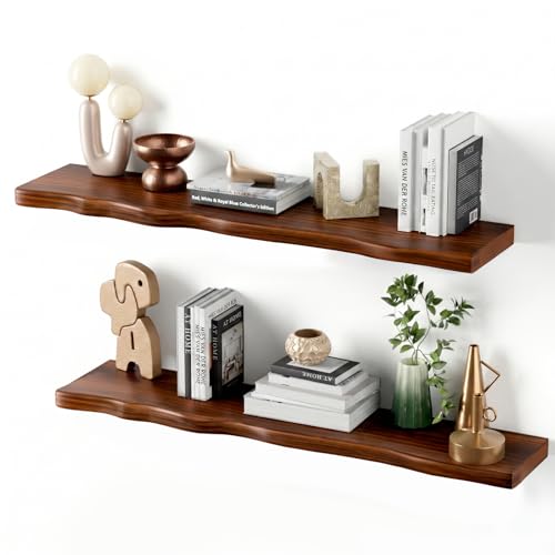 Floating Shelves for Wall Rustic Farmhouse 36 Inch Floating Shelf Bathroom Wooden Shelves for Wall Mounted Live Edge Pine Shelf with Unique Natural Grain for Living Room Bedroom Kitchen (Walnut) - color: Walnut, size: 36 inch - 2pcs