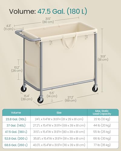 SONGMICS Laundry Basket with Wheels, Rolling Laundry Hamper, 47.5 Gallons (180 L), Removable Liner, Steel Frame with Handle, 31.5 x 15.4 x 31.9 Inches, Cream White URLS011W01 - color: Cream White, size: 180 L (1-Section), style: Rectangular with handle
