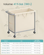 SONGMICS Laundry Basket with Wheels, Rolling Laundry Hamper, 47.5 Gallons (180 L), Removable Liner, Steel Frame with Handle, 31.5 x 15.4 x 31.9 Inches, Cream White URLS011W01 - color: Cream White, size: 180 L (1-Section), style: Rectangular with handle