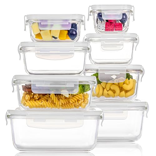 Vtopmart 8 Pack Glass Food Storage Containers with Airtight Lids, Glass Meal Prep Containers, Lunch Office Meal for Microwave, Oven, Freezer and Dishwasher, BPA Free - color: White