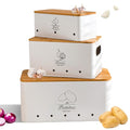 Metal Potato Onion and Garlic Storage Tin Set of 3, White Kitchen Vegetable Canisters with Bamboo Lid and Aerating Holes, Stackable Kitchen Keeper Storage for Countertop Pantry - color: A - White Vegetable Canisters