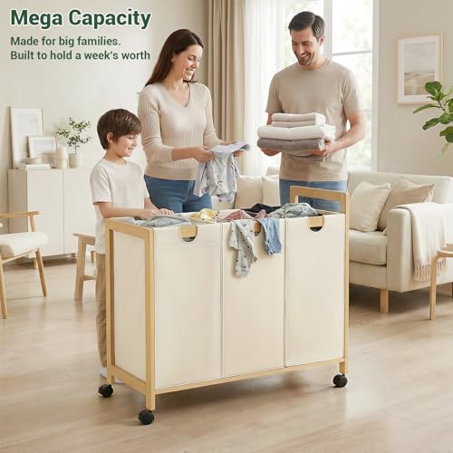 Homykic 250L Laundry Sorter Cart with Wheels, 3-Section Rolling Laundry Basket with Removable Bags, 66 Gal Large Laundry Hamper Organizer, Heavy Duty Bamboo Frame, Water-Resistant, Black - color: Creamy White