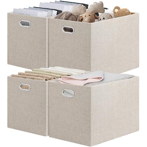 Posprica 15.12"x12.13"x12.01" Storage Cube Bins, Linen Decorative Closet Storage Organizer for IKEA Kallax, 4 Pack Fabric Foldable Large Storage Baskets for Closet, Shelves, Clothes, Toy (Beige) - color: Beige, size: 15.12 Lx12.13 Wx12.01 H