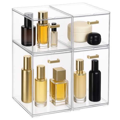 LALOBLUE Clear Stackable Drawer Organizer, 4 Pack Acrylic Storage Drawers with Pull-Out Design, Space-Saving Organizer for Bathroom, Vanity, Kitchen & Office - style: 2 small and 2 big