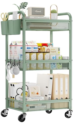 YASONIC 3 Tier Rolling Cart – Metal Utility Storage Carts with Wheels, Craft Carts Organizer with Hanging Cups, Hooks, Mesh Basket for Bedside Kitchen Office Art, Green - color: Green