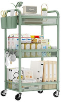 YASONIC 3 Tier Rolling Cart – Metal Utility Storage Carts with Wheels, Craft Carts Organizer with Hanging Cups, Hooks, Mesh Basket for Bedside Kitchen Office Art, Green - color: Green