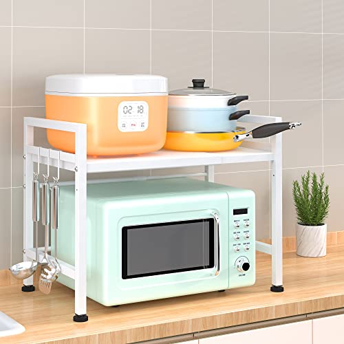 PUSDON Expandable Microwave Oven Rack, 2-Tier Countertop Baker's Rack Style Shelf, Heavy Duty Carbon Steel Stand with 3 Hooks, 160lbs Capacity Modern Kitchen Organizer, White - color: White, size: H-frame 2 tier