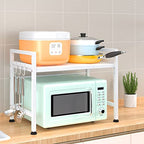 PUSDON Expandable Microwave Oven Rack, 2-Tier Countertop Baker's Rack Style Shelf, Heavy Duty Carbon Steel Stand with 3 Hooks, 160lbs Capacity Modern Kitchen Organizer, White - color: White, size: H-frame 2 tier
