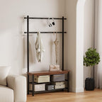 Coat Rack with Shoe Storage, Wood and Metal Frame, Entryway Hall Tree with Bench, Featuring 11 Hooks and 2-Tier Storage Shelves, 3-in-1, Entry Bench with Coat Rack (39.4" Walnut) - size: 100