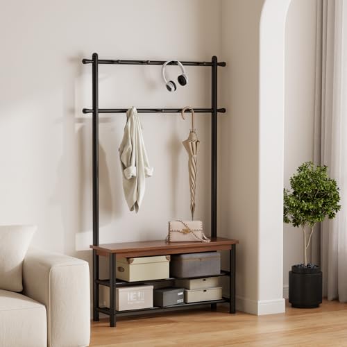 Coat Rack with Shoe Storage, Wood and Metal Frame, Entryway Hall Tree with Bench, Featuring 11 Hooks and 2-Tier Storage Shelves, 3-in-1, Entry Bench with Coat Rack (39.4" Walnut) - size: 100