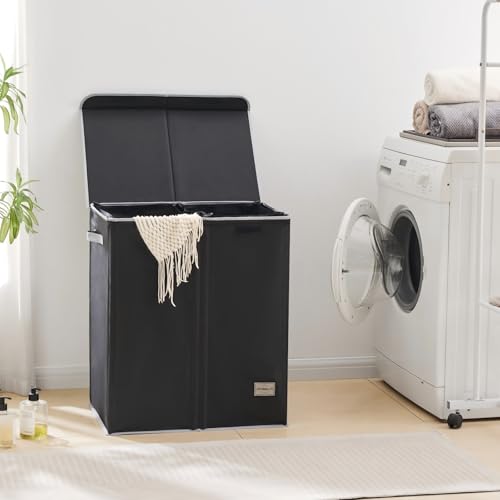Dual Laundry Hamper with Lid and 2 Removable Liners, 145L Laundry Basket, 2 Sections for Easy Sorting, Collapsible Design, Dirty Clothes Hampers, Bedroom, Dorm, College, Black - size: 145L