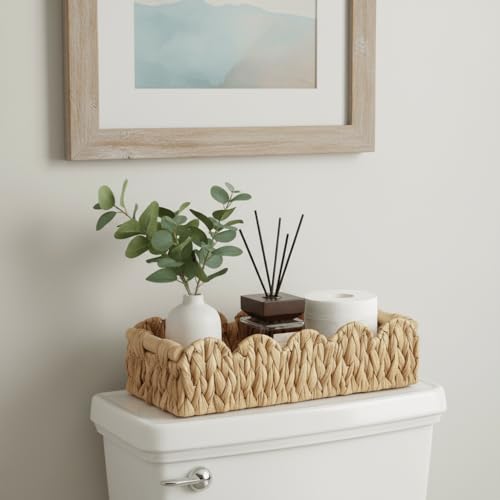 Kriitools Wicker Bathroom Basket Tray Organizer w/Scalloped for Toilet Paper, Small Rattan Decorative Basket for Bathroom Decor, Farmhouse Home Decor, Living Room and more, Natural Water Hyacinth - color: 1 Pack