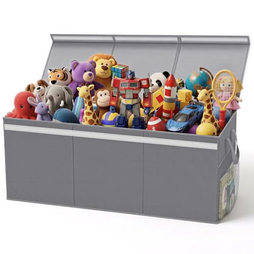 Lewondr 160L Extra Large Toy Storage Organizer with Lid, 40"x16"x16"Collapsible Sturdy Toy box, Toy Chest for Boys Girls, Toybox Storage Bins with 3 Removable Dividers for Living Room, Nursery, Grey