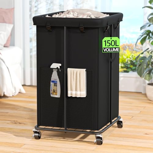 150L Laundry Hamper with Wheels, Rolling Laundry Basket with Metal Frame and Removable Bag, Large & Tall Dirty Clothes Hampers for Bedroom Aesthetic, Laundry Room, Bathroom, Dorm-Black - color: Black, size: 40GAL