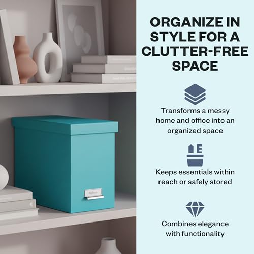 Bigso John Fiberboard Label Frame Desktop File Storage Box - Document Organizer for Important Paperwork - Durable Hanging File Box with a Lid & Metal Label Window - 7.36 x 13.38 x 10.51 in - Turquoise - color: Turquoise