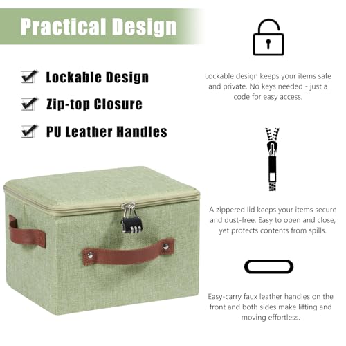 2PCS Storage Bins Box with Zipper Lid Combination Lock PU Leather Handles Cotton Linen Fabric Lidded Lockable Basket Foldable Washable Closet Shelf Organizer Container (Light Green, Small) - color: Light Green, size: Small ( Set of 2 )