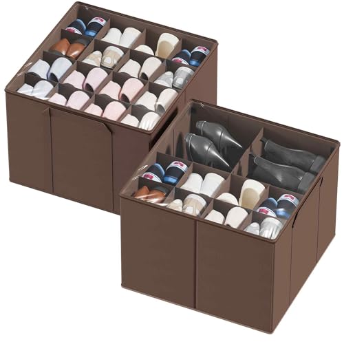 SpaceAid Shoe Organizer for Closet, 2 Pack Foldable Shoe Storage Containers Baskets Boxes Bins w/Adjustable Dividers, Fits 16-32 Pairs, Brown - color: Brown