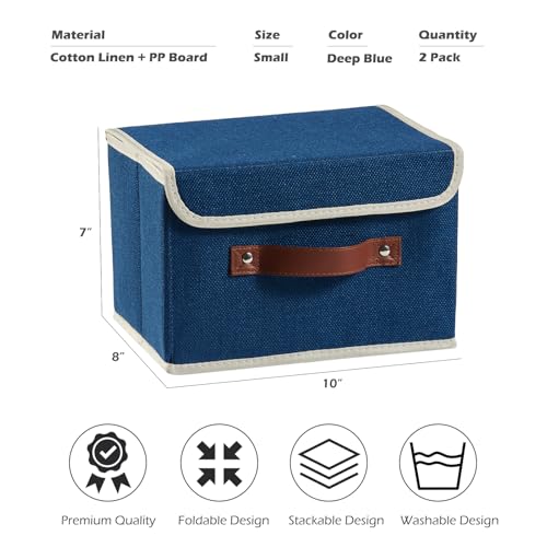 2PCS Storage Boxes with Lid Cotton Linen Fabric Storage Bins Organizer Container Decorative Collapsible Washable Shelf Closet Baskets Faux Leather Handles Home Bedroom (Deep Blue, Small) - color: Deep Blue, size: Small (Set of 2)