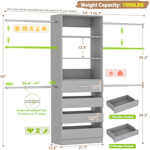 Aheaplus Closet System, 4-9Ft Closet Organizer with 4 Wooden Drawers, Wood Closet Organizer System with Tower, Walk-in Closet Organizer Wardrobe Garment Clothes Rack with 4 Hanging Rods, Grey - color: Grey
