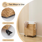 Rolling Laundry Hamper with Wheels, Slim Laundry Basket with Removable Liner Bag & 2 Mesh Bags, Handwoven Water Hyacinth Clothes Hamper for Bedroom Bathroom (Natural, 50L) - color: Natural/No Lid/50L