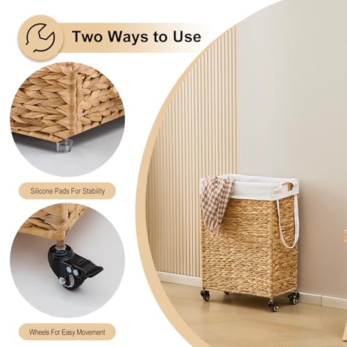 Rolling Laundry Hamper with Wheels, Slim Laundry Basket with Removable Liner Bag & 2 Mesh Bags, Handwoven Water Hyacinth Clothes Hamper for Bedroom Bathroom (Natural, 50L) - color: Natural/No Lid/50L