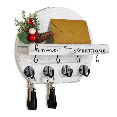 Key Holder for Wall, Key and Mail Holder Organizer - Key Holder Wall Mount with Bouquet Shelf and Key Hooks, Round Wooden Rustic Key Rack for Entryway and Home Decor (Pale White) - color: pale white