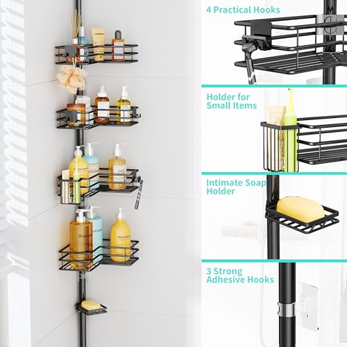 HapiRm Corner Shower Caddy Organizer - Shower Organizer Corner with Soap Holder, Toothbrush Holder and 4 Hooks, Rustproof Bathroom Shelf Tension Pole Available for 27.6 to 108.3 Inch - Black - color: Black
