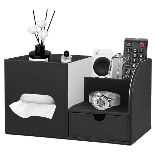Leather Nightstand Organizer with Tissue Holder,Square Tissue Box Cover with Organizer, Decorative Modern Facial Paper Storage Box for Bathroom Living Room Vanity Table Countertop Office Black - color: Black