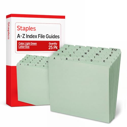 Staples A–Z Index File Guides, Letter Size, Light Green, Durable Alphabetical Filing Tabs for Drawers, Cabinets & Office Organization – 25/Set