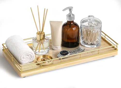 Bathroom Vanity Tray for Countertop, 12" x 6" Oak Wood Toilet Tank Tray with Metal Guardrail, Bathroom Organizer for Soap, Perfume & Skincare, Non-Slip Decorative Tray for Dresser, Gold & Natural Oak - color: Natural, size: 12" x 6" x 1.5"