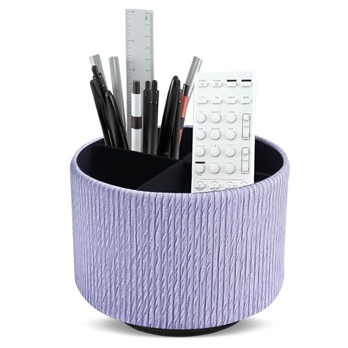 Round Leather Art Supply Organizer,Remote Control Holder,360 Degree Spinning,Multi-Functional Pencil Holder,4 Compartments Desktop Stationary Organizer(1-Wood Blue Purple) - color: 1-Wood Blue Purple