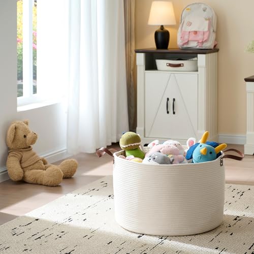 Luxury Little Extra Large Nursery Storage Basket, 22 x 22 x 14 inches - 100% Cotton Rope Baskets with Handles, Laundry Basket for Toys, Blankets & Pillows - Off White with Leather Handles - color: White