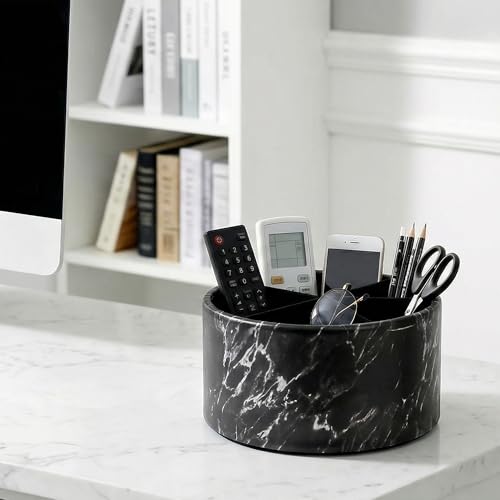Remote Control Holder, 360°Spinning PU Leather Desk TV Remote Caddy,Desk Storage Box Room Accessories for Controller, Media,Mail,Calculator, Mobile Phone,Pencil(1-Big Marble Black) - color: 1-Big Marble Black