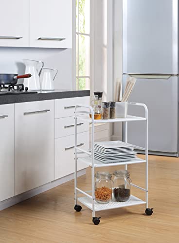 SunnyPoint 3-Tier Rolling Utility Cart – Metal Storage Organizer with Wheels, Mobile Kitchen Cart, Office & Home Organizer, White, 12" D x 16.92" W x 31.1" H - color: Wht