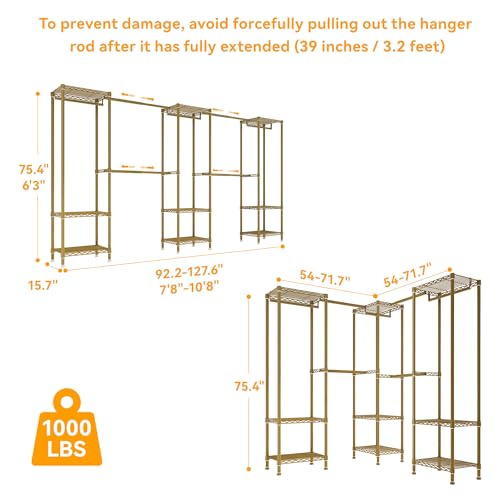 Higeego Large Clothes Rack, Clothing Rack for Hanging Clothes, Heavy Duty Garment Rack, Freestanding Wardrobe Closet with Extendable Hanger Rods, Width from 7.8 to 10.8 ft, H11 Gold - color: Gold, style: 5 Row