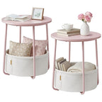 SONGMICS HOME Small Side Tables, Round End Tables, 2 Tier Nightstands with Basket, U Shaped Steel Legs, Easy Assembly, for Living Room, Bedroom, Set of 2, Pink and White - color: Pink + White, size: 2 pack
