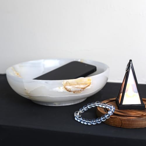 Luxury Decorative Marble Bowl for Home Decoration, White Onyx Key Bowl for Entryway Table, Catchall for Coins, Change, Candy, Organizer Marble Tray - color: Round-White Onyx