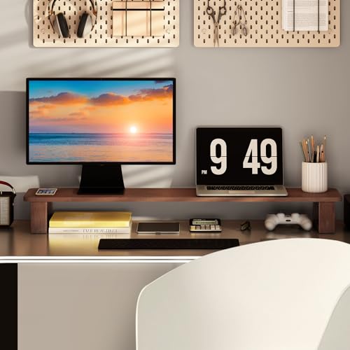 Ufine Dual Monitor Stand Riser 2 Heights Adjustable Wood Computer Monitor Stand Desktop Organizer, Large Monitor Stand for 2 Monitors, Laptop, TV, Printer