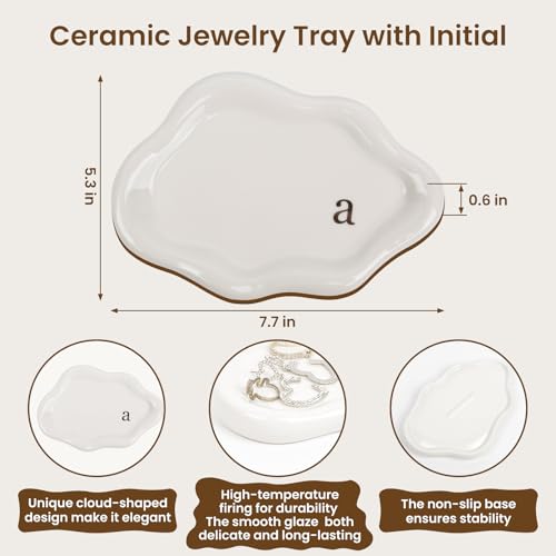 Jewelry Tray Ring Dish Holder - Ceramic Trinket Dish, Cloud Ring Holder for Women, Personalized Initial Key Bowl, Decorative Vanity Tray, Cute Jewelry Plate, Aesthetic Room Decor, Engagement Gift, t - color: T